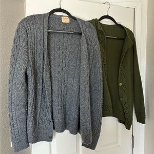 Lot of 2 Vintage Cardigans, Cozy Wool Gray and Green Cable Knit Sweater Set